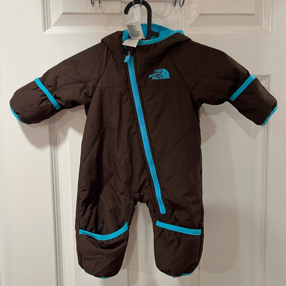 The North Face Kids Brown One Piece snowsuit with Teal Accents